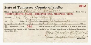 Memphis Shelby County Tennessee 1941 Voter Registration Certificate Dotson - Picture 1 of 2