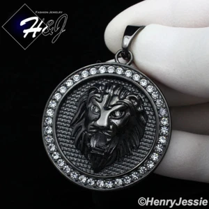 MEN's Stainless Steel Black Plated ICY Cubic Zirconia Lion Round Pendant*BP109 - Picture 1 of 3