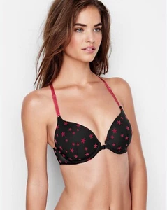 Victoria's Secret Bra Women's 34D Black Red Stars Push Up Racerback - Picture 1 of 7