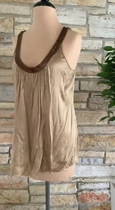 Vintage EXPRESS Deep Scoop Stretch Silk Tunic Bronze Copper Beaded Neckline M - Picture 1 of 21