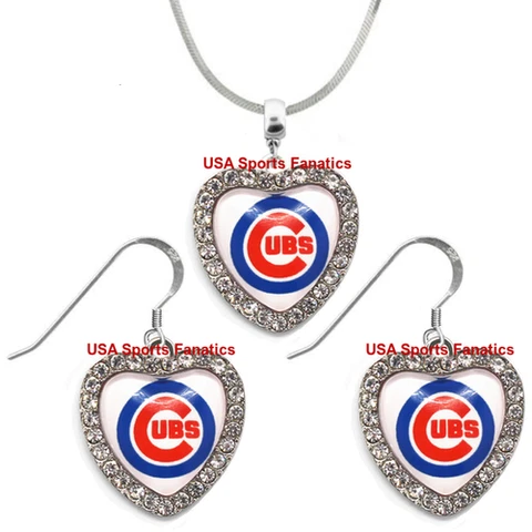 Chicago Cubs 925 Necklace or Earrings or Set Team Heart With Rhinestones Cover