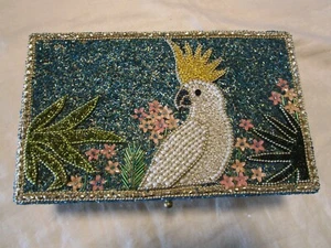 Collectible Wooden Keepsakes Jewelry Box Beaded Parrot lid top 10.5" wide - Picture 1 of 12