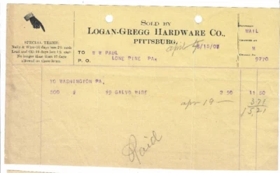 1907 Invoice, Logan-Gregg Hardware Co., Pittsburg, Pennsylvania, To Lone Pine PA - Image 1 of 2
