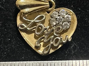 14K Yellow Gold Heart Charm Pendant Love You - Picture 1 of 5