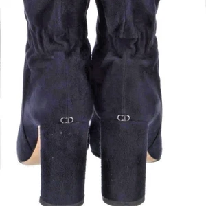 Christian Dior Suede Knee High Boots Blue 39.5 US 9.5 Block Heel CD Logo Zip - Picture 1 of 11