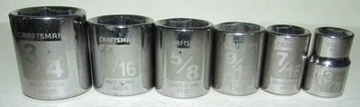 6 Craftsman USA Etched Sockets 3/8" Drive 6 Point 3/8" 7/16 9/16" 5/8 11/16 3/4" - Image 1 of 4
