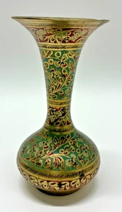 Vintage India Brass Vase 5" Hand Etched Enamel Floral Decorated Bud Urn - Picture 1 of 7
