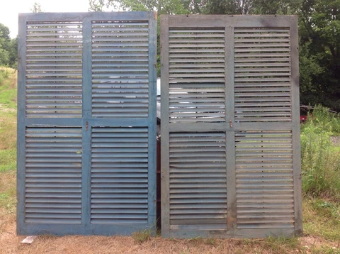 Rare Pair Antique Wood Louvered Shutter Room Divider Shabby Chic   Original Blue Cover