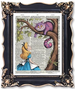 FIRMATO Alice nel paese delle meraviglie Cheshire gatto dizionario pagina stampa artistica quadro decorazione - Foto 1 di 4
