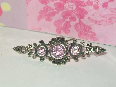 Vintage Sterling Silver Marcasite Pin Brooch Round Cut Pink gemstone  signed 925 - Image 1 of 4