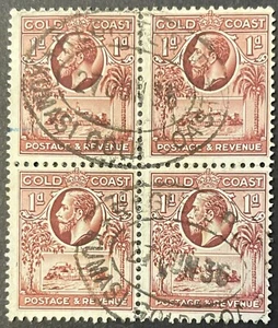 1928 Gold Coast GV 1d Red Brown Block Of 4 SG104 Used Registered Mail Cancel - Picture 1 of 2
