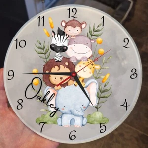 Personalised Clock Safari Bedroom Decor Girls Boys Animal Home Decorations - Picture 1 of 1