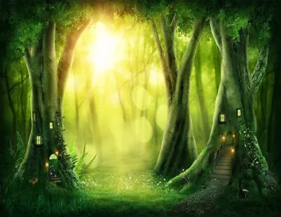 7x5ft Fairy Tale Sunrise Forest Tree House Vinyl Backdrop Photo Background LB - Image 1 of 4