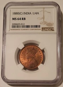 India - British Victoria 1880 C 1/4 Anna MS64 RB NGC - Picture 1 of 4