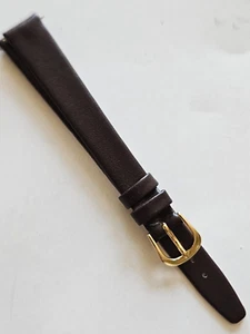 12mm / Long - Dark Brown Genuine Leather Watch Band - (Gold Buckle / w Pins) - Picture 1 of 4
