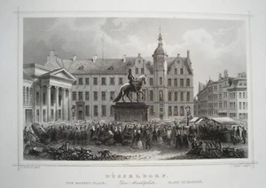 Düsseldorf Marktplatz Nordrhein-Westfalen echter alter Stahlstich 1852 RRR 3 - Picture 1 of 1