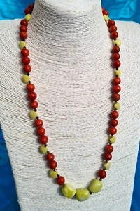 Yellow Agate Stone & Red Wooden Beaded Necklace with Faceted Gold Toned Beads - Picture 1 of 5