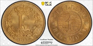 1863 Denmark 1 Skilling Rigsmont Frederik VII PCGS MS65 RD Red Gem          2647 - Picture 1 of 5