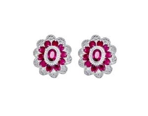 Natural Red Ruby Cluster Flower Stud Earrings White gold over sterling silver - Picture 1 of 3