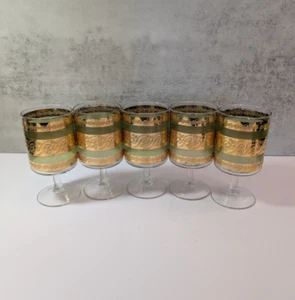 5 Vintage MCM Culver Starlyte Green & 22k Gold Stem Wine/Cocktail Glasses Goblet - Picture 1 of 7