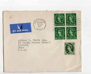 GB QEII 1954 9d + 4 x 1 1/2d wilding with Colchester postmark to USA - Picture 1 of 3