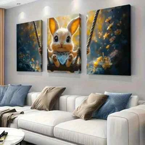 3pcs Cute Rabbit Swing Dreamy Flowers Wall Art Canvas Unframed/Framed - Picture 1 of 9