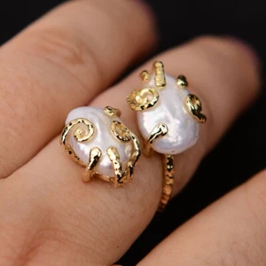 Cultured White Keshi Pearl Coin Pearl Adjustable Rings Gold Plated Metal Ring - Picture 1 of 8