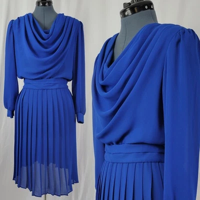 Vtg Lisa Michaels Blue Blouson Dress w Draped Neckline & Matching Belt Size 8 - Image 1 of 4