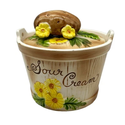Vintage Country Kitchen Sour Cream Ceramic Container Potato Floral Daisies - Image 1 of 4