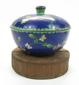 Vintage Chinese Cloisonne Enamel Floral Cobalt Blue Lidded Bowl - Picture 1 of 4