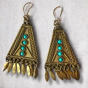 Artisan Earrings Dangle Triangle Brass Turquoise Signed Israel Vintage Boho - Picture 1 of 9