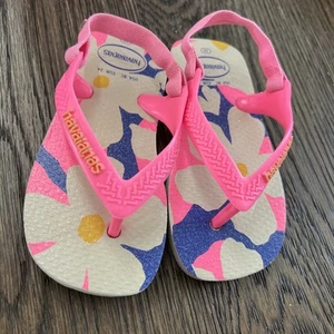 Havaianas Neon Pink Floral Baby Sandals Flip Flops Pink 22 US 8C 8 Glitter! - Picture 1 of 6