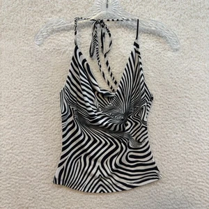 90s Y2K Vintage Top XS Small Black White Pattern Halter Cyber Fairy Rave Club - Picture 1 of 7