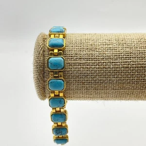 Gold Tone Link Bracelet Teal Bead Rectangle Stones Southwestern Style - Picture 1 of 5