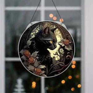 Suncatcher - Black Cat - acrylic- approx. 5.9" dia.- 12" hanging chain included. - Picture 1 of 5