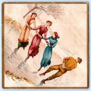 1880's ICE SKATING STOCK VICTORIAN CHRISTMAS WINTER SCENE NEAT PATTERN ON BACK! - Picture 1 of 2