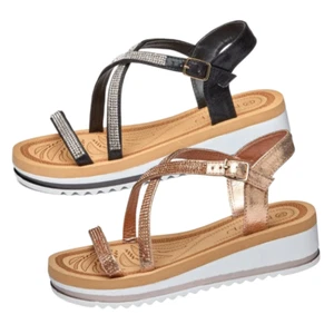 SANDALIAS DE MUJER SEÑORA DE CUÑA BAJA CORREA CRUZADA ZAPATOS DE VERANO PLANOS BRILLANTES - Imagen 1 de 15