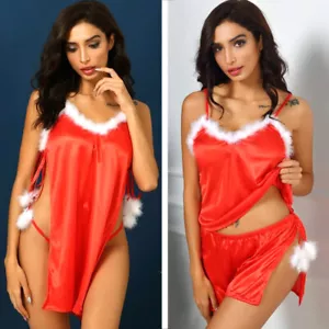 Satin Nightshirts Side Slit Sexy Nightgown Christmas Cospaly Pajamas Short Gifts - Picture 1 of 14
