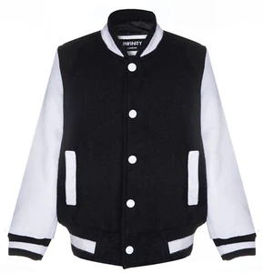 Kids Varsity Black & White Bomber Jacket with Real Leather Sleeves 3-13 yrs - Picture 1 of 7