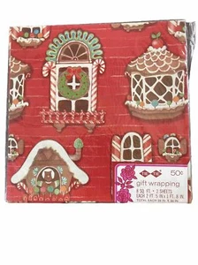 VTG Christmas Holiday Wrapping Paper Gift Wrap GINGERBREAD CandyCane Cookie NOS - Picture 1 of 7