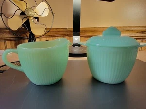 Vintage Fire King Jane Ray Jadeite Creamer And Sugar Bowl Set With Lid - Picture 1 of 4