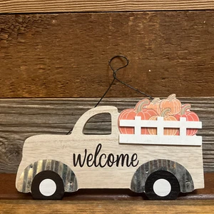 Primitive Welcome Pumpkin Vintage Truck Wall Plaque Wood 8” X 4.5”NEW - Picture 1 of 3