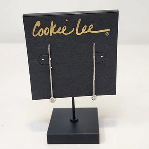 Cookie Lee Silver Tone Dangle CZ Stone Post Earrings Pierced Minimalist Dangle - Picture 1 of 5