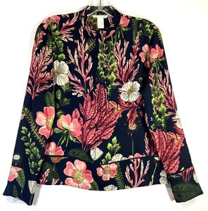 H&M Size 2 Black Oversized Floral Mandarin Collar Popover Top - Picture 1 of 14
