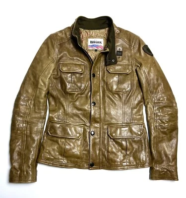 Women's BLAUER USA Leather Beige Full Zip Biker Jacket - M - Image 1 of 4