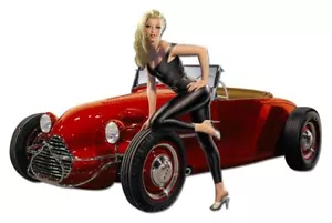 HOT ROD CAR AMERICAN BEAUTIES GIRL 28" HEAVY DUTY USA MADE METAL HOME DECOR SIGN - Picture 1 of 1