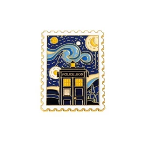DOCTOR WHO "Van Gogh Starry Night" Postage Stamp Pin Badge - Tardis Police Box - Picture 1 of 3