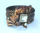 Vintage Copper Tone Flower Leaf Rhinestone Scale Faux Pearl Art Deco Bracelet