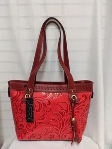 MC HANDBAGS 3307 LACEY RED TOOLED EMBOSSED LEATHER DOUBLE HANDLE SHOULDER BAG - Picture 1 of 2