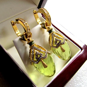 SALE ! GORGEOUS MADE OF STERLING SILVER 925 EARRINGS with PERIDOT and ENAMEL - Picture 1 of 2